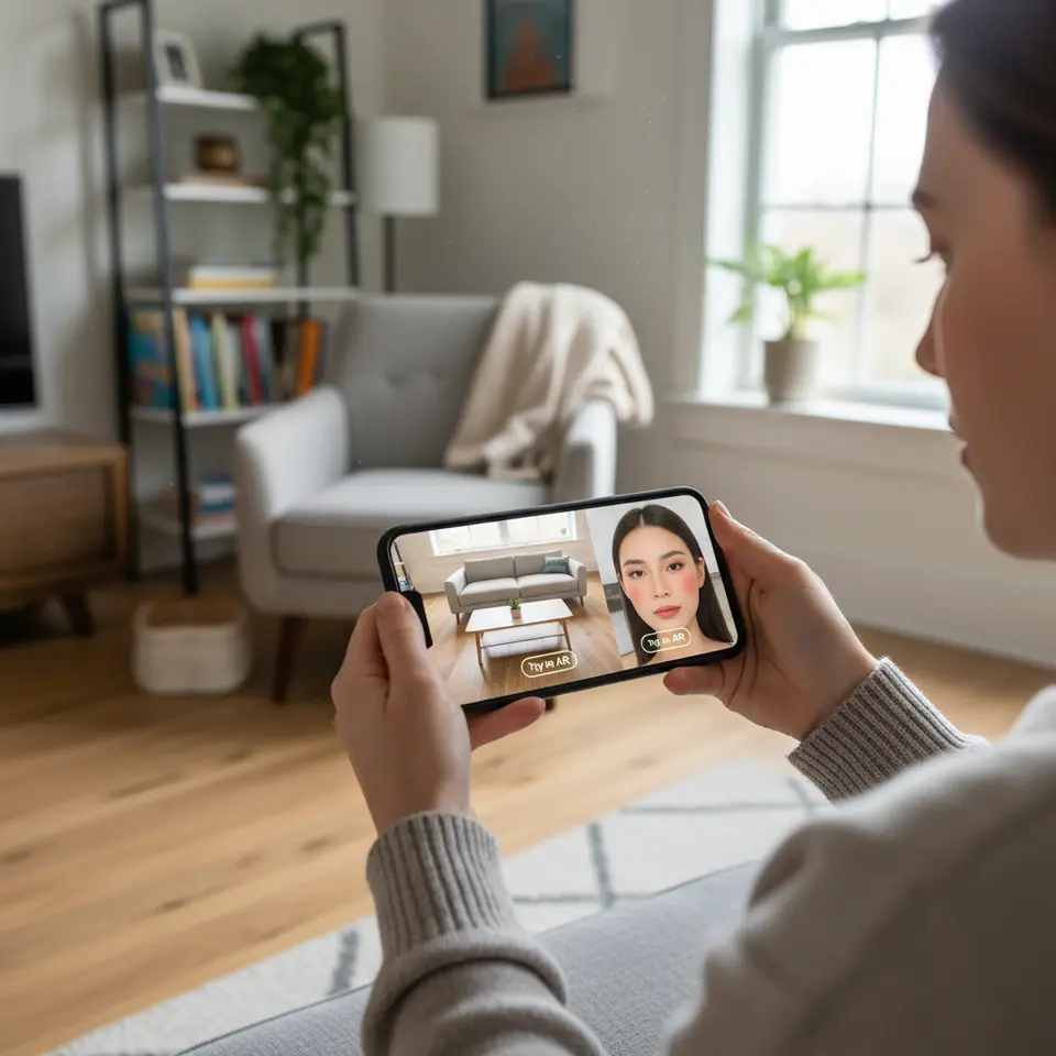 A smartphone held by a user showcasing an AR-driven acquisition demo: virtual furniture seamlessly dropped into a real living room scene on one half of the screen, and a makeup filter layering naturally onto a face on the other half, both with a prominent “Try in AR” call-to-action button.