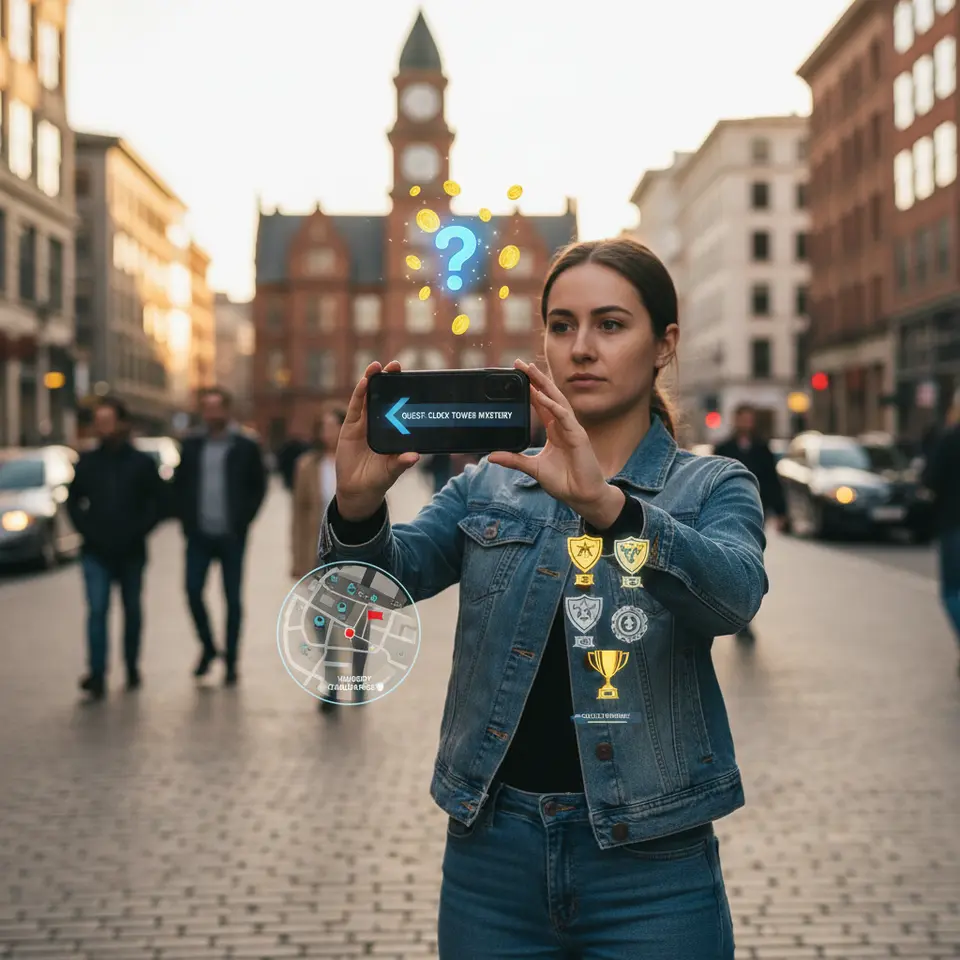 An immersive AR engagement scene: a user pointing their phone at a city street to reveal floating virtual quest objects at real-world landmarks, complete with AR pointers, a mini-map overlay showing nearby challenges, and on-screen badges or trophies ready to be collected.