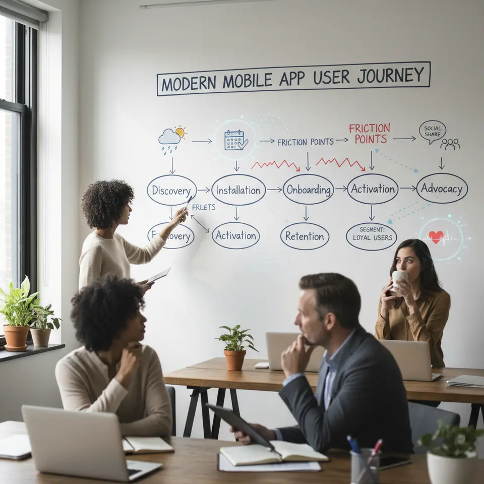 A detailed flowchart of the modern mobile app user journey—stages from Discovery, Installation, Onboarding, Activation, Retention to Advocacy—highlighting friction points and overlaid data signals (weather icons, event markers) to show real-time behavior analytics and dynamic segmentation.