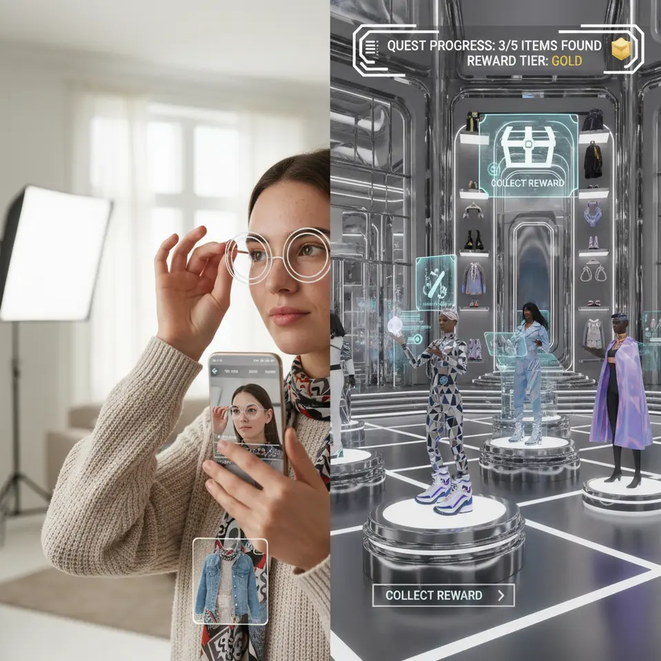 An immersive AR/VR split-scene: on one side, a smartphone camera view with augmented reality overlays letting a user virtually “try on” glasses or clothing; on the other, a fully rendered virtual showroom or gamified scavenger hunt environment where users explore, collect items, and unlock rewards.