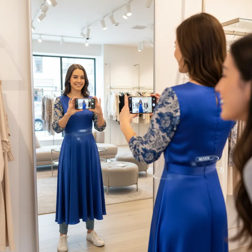 Immersive retail AR virtual try-on: a shopper holds up a smartphone and sees a realistic overlay of clothing on their body in a bright, modern boutique setting, complete with interactive UI handles for scale and rotation and subtle depth shadows to anchor the garment to the user.