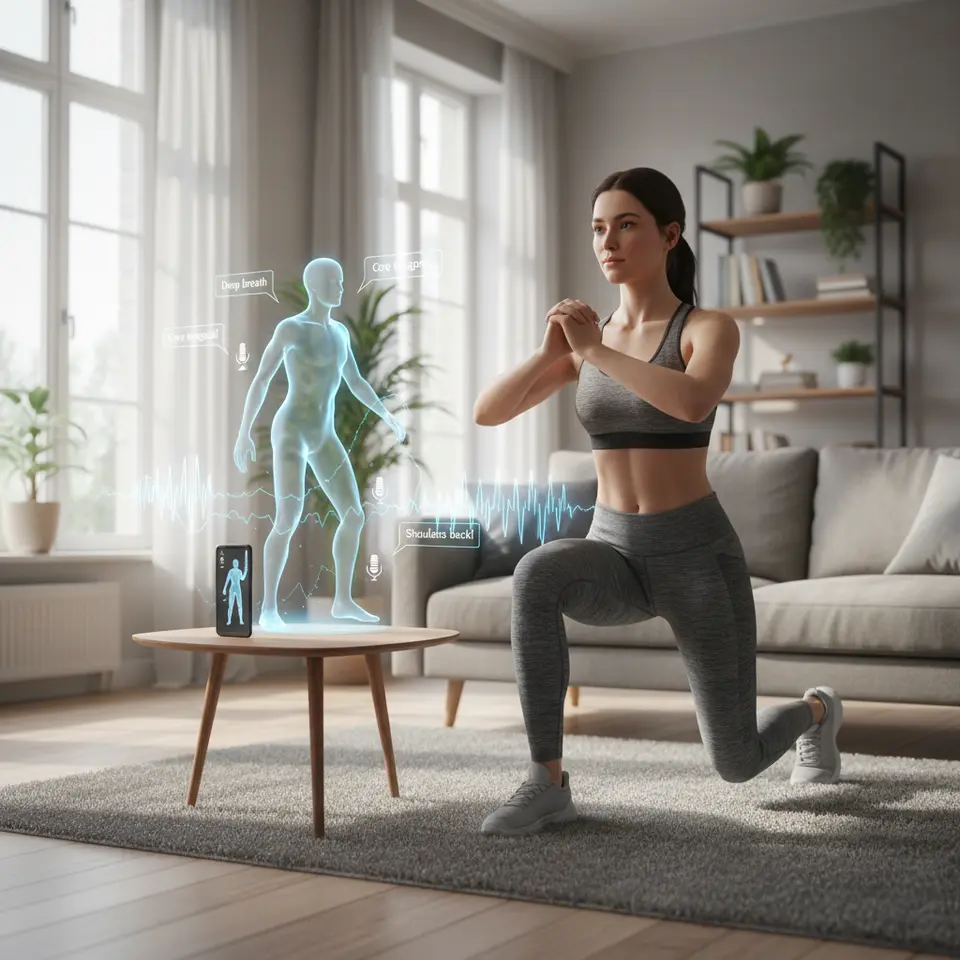 Unified AR & voice fitness session: a living room scene where a smartphone projects a holographic 3D personal trainer guiding a user’s exercise, with floating audio waveforms and microphone icons illustrating real-time voice cues correcting posture and breathing.