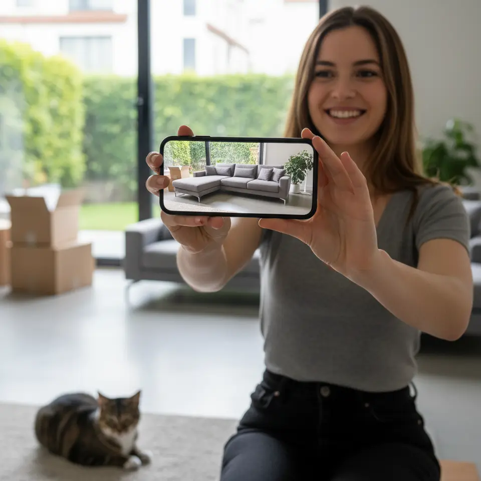 Virtual Product Placement: A smartphone held by a user in a modern living room, with a high-fidelity 3D sofa model overlaid seamlessly onto the real floor—showing realistic lighting, shadows, and physics—illustrating how AR lets shoppers visualize furniture in their own homes before purchase.