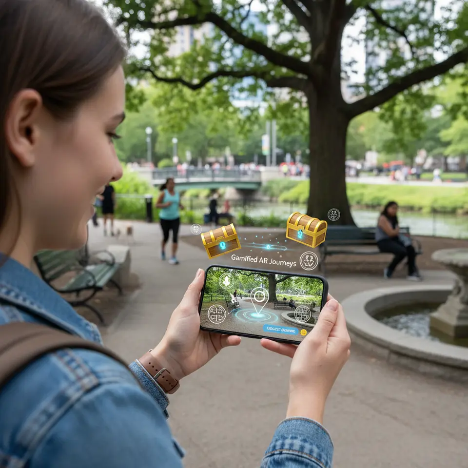 Gamified AR Journeys: An outdoor urban park scene viewed through a mobile screen, featuring floating AR treasure chests, digital map waypoints, and interactive puzzle icons layered into the environment, with a user pointing their phone to collect virtual rewards during a location-based AR game.