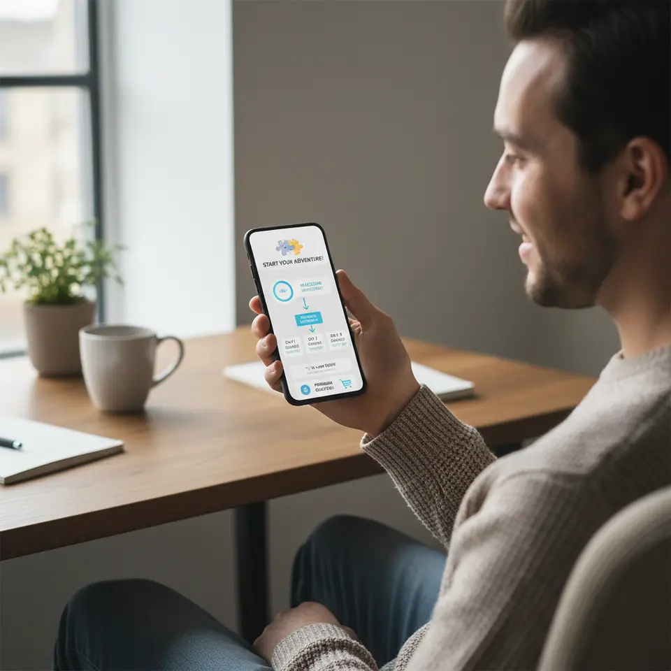 An infographic-style user journey flow on a smartphone screen: an interactive ad teaser with a mini-puzzle, a quest-based onboarding sequence rewarding a welcome badge, daily streak notifications popping up, and an in-app store offering premium quests—all connected by directional arrows.